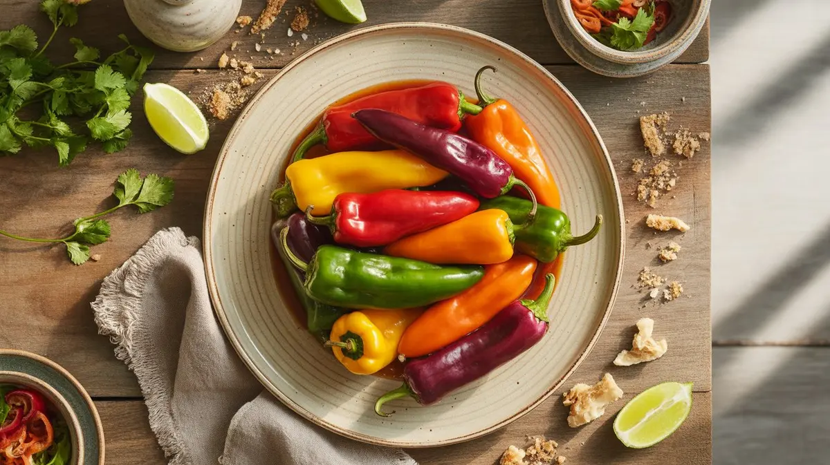 Fresh Chinese 5 Color peppers showing color, shape and texture