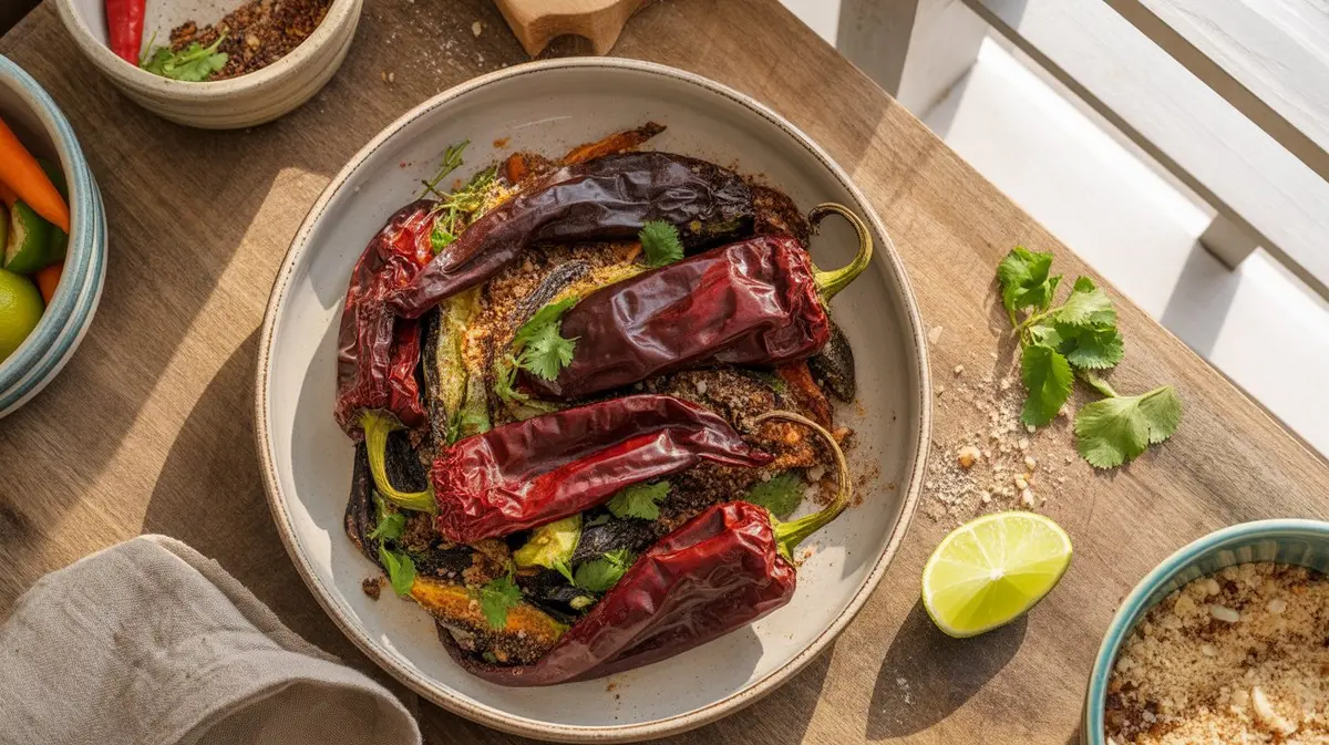 Fresh Chocolate Bhutlah peppers showing color, shape and texture