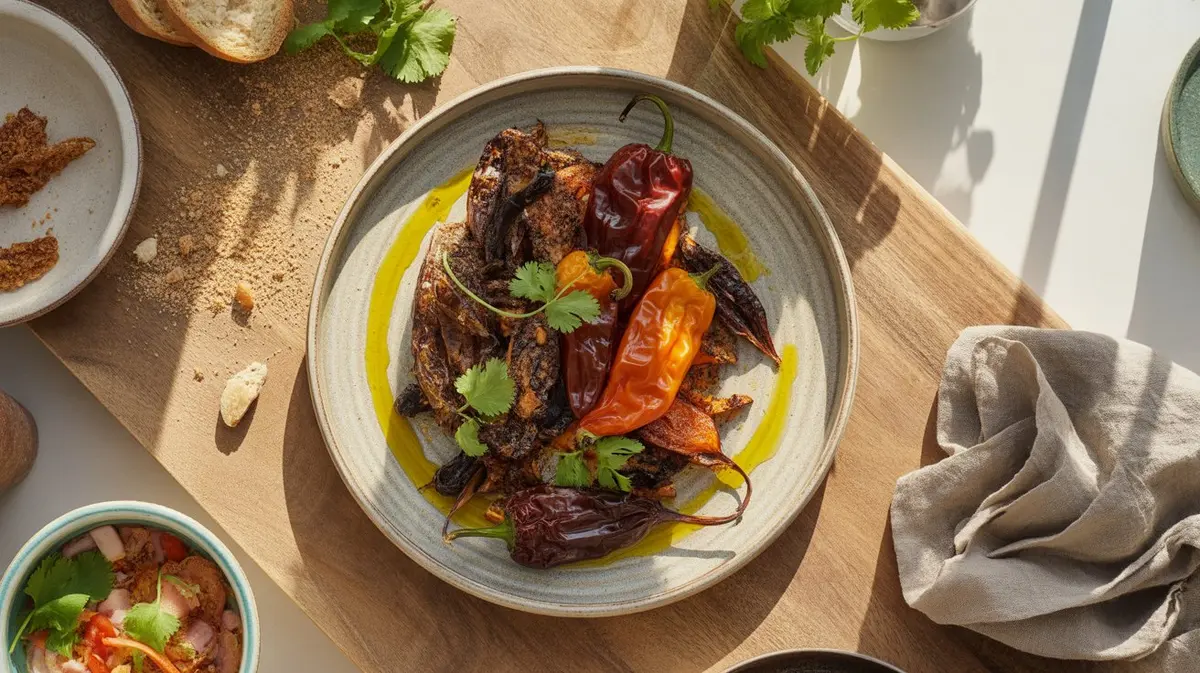 Fresh Chocolate Habanero peppers showing color, shape and texture
