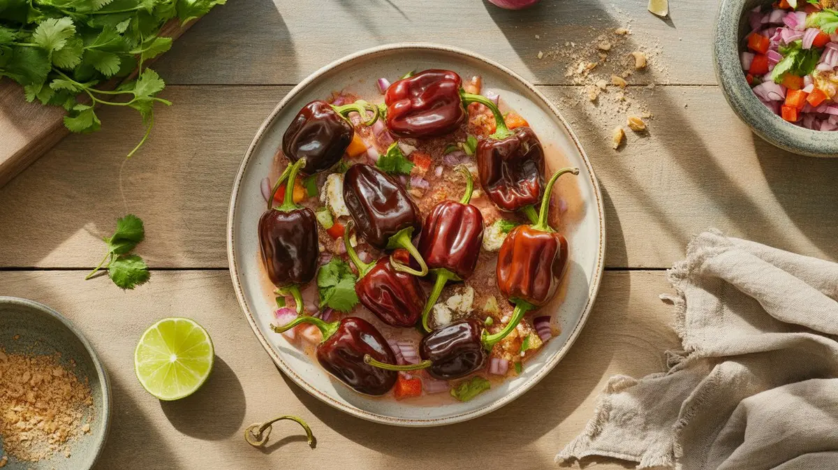 Fresh Chocolate Scotch Bonnet peppers showing color, shape and texture