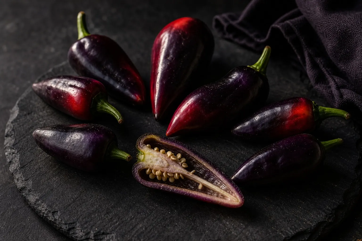 Count Dracula peppers with dark purple skin and one sliced pod showing seeds