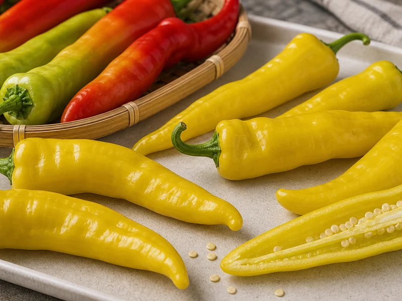 Pale yellow elongated cubanelle pods with green and red ripening stages behind them, and one halved to show the thin wall and seeds