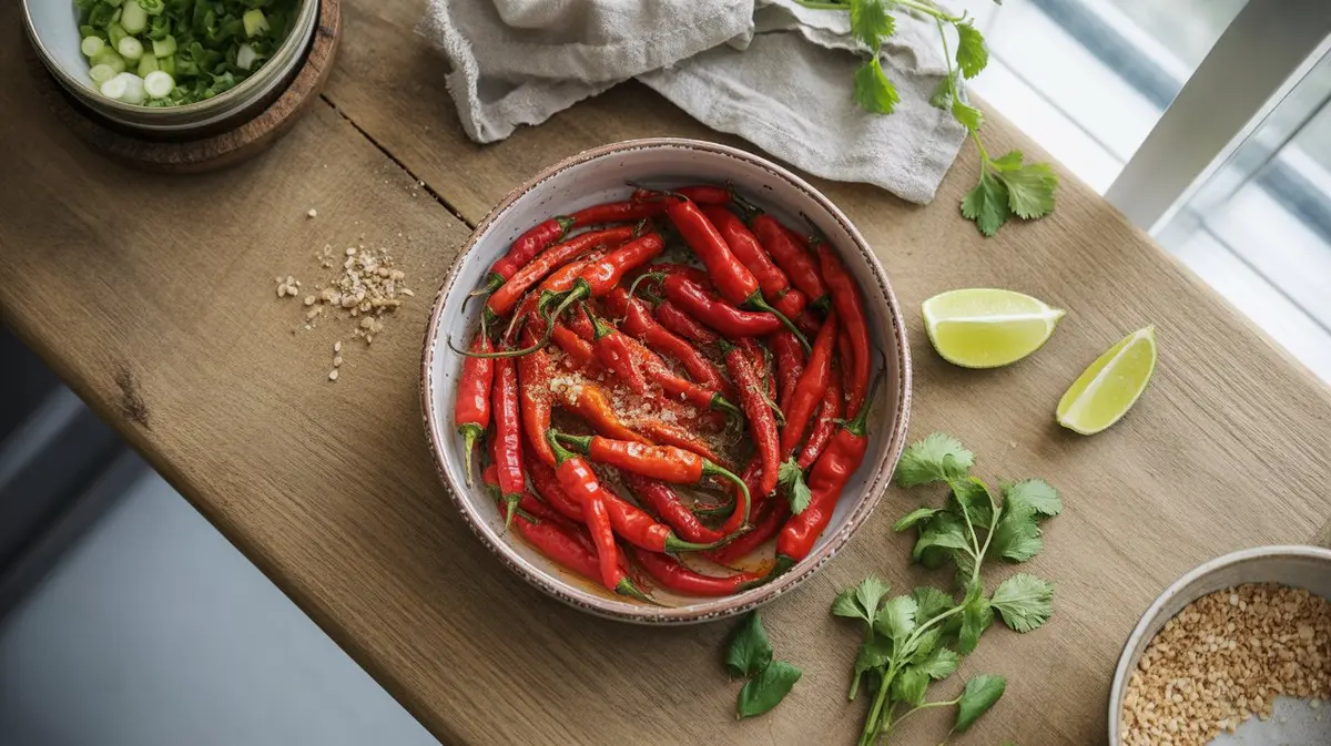 Fresh Facing Heaven Pepper peppers showing color, shape and texture