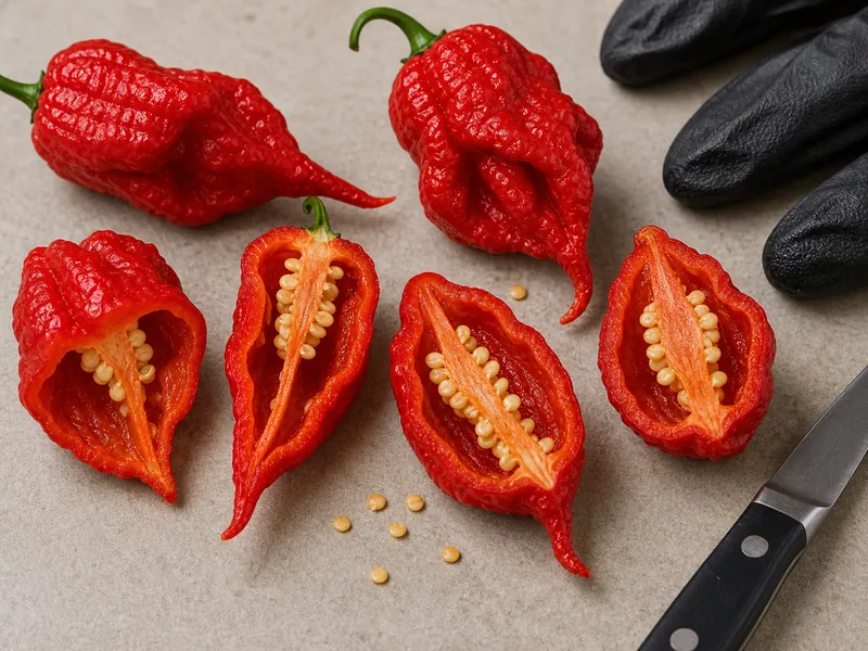 Whole wrinkled red ghost peppers beside four halved pods showing the pale orange placenta with seeds attached, with gloves and a knife alongside