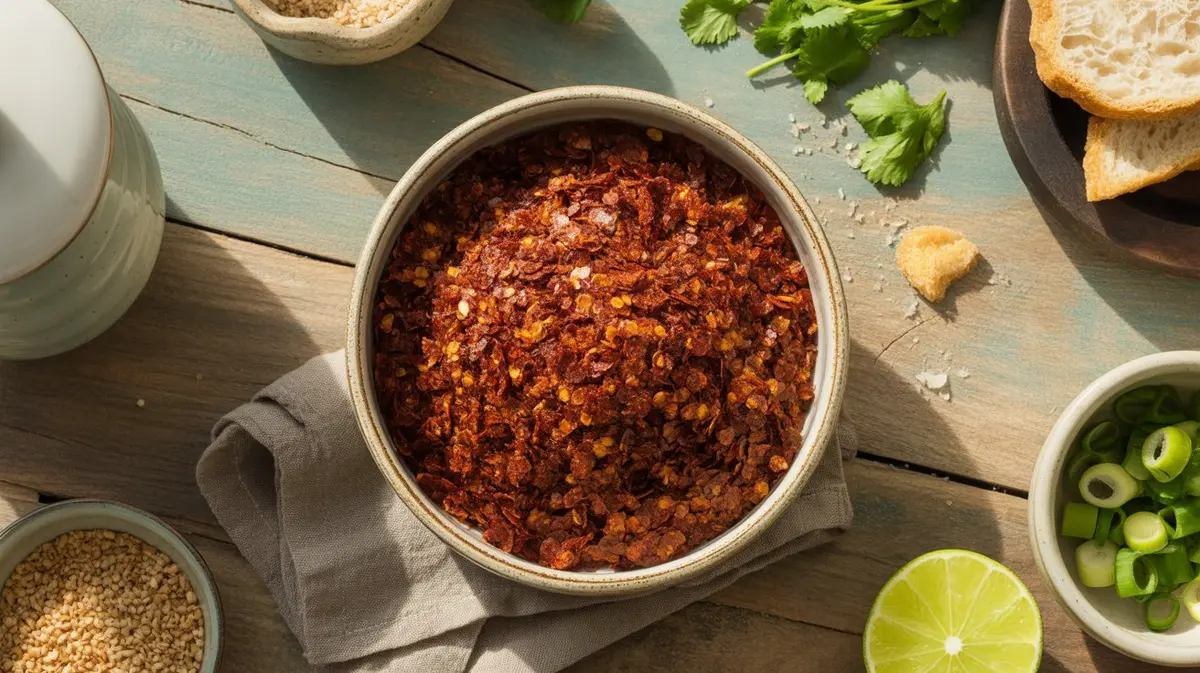 Fresh Gochugaru Flakes peppers showing color, shape and texture