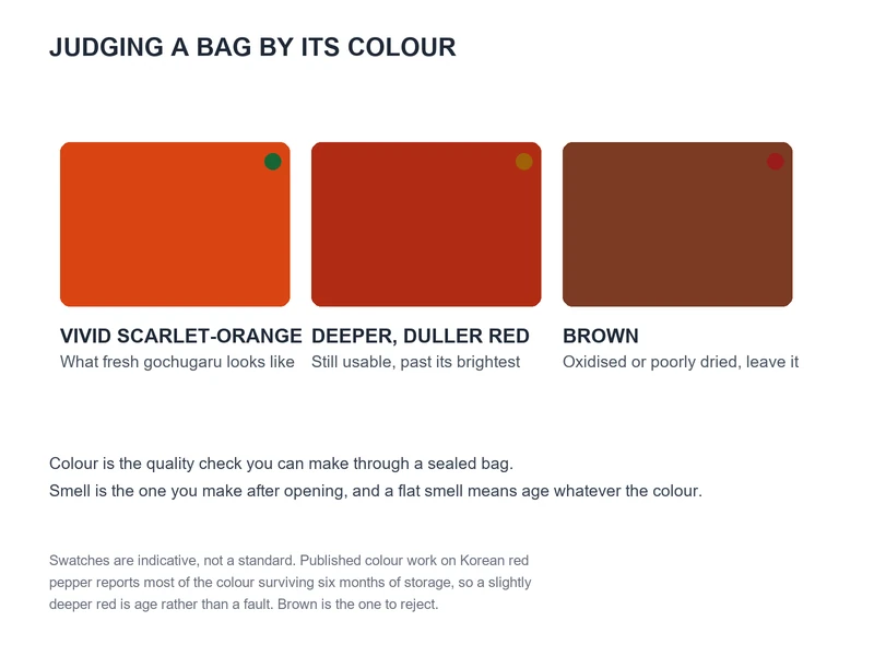 Three colour swatches: vivid scarlet-orange is fresh gochugaru, deeper duller red is still usable, brown means oxidised or poorly dried