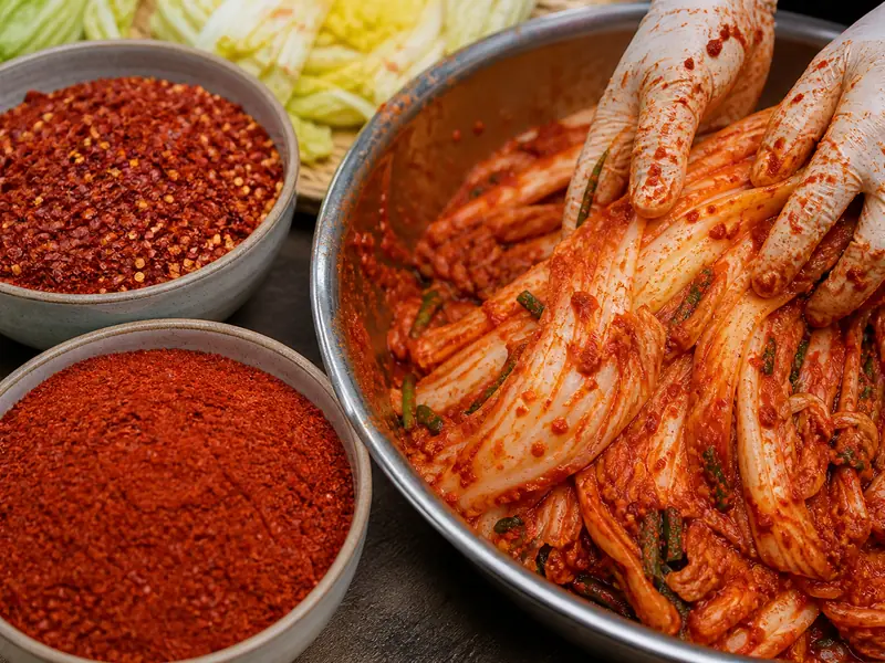 Coarse gochugaru flakes and fine gochugaru powder in two bowls beside cabbage being coated for kimchi
