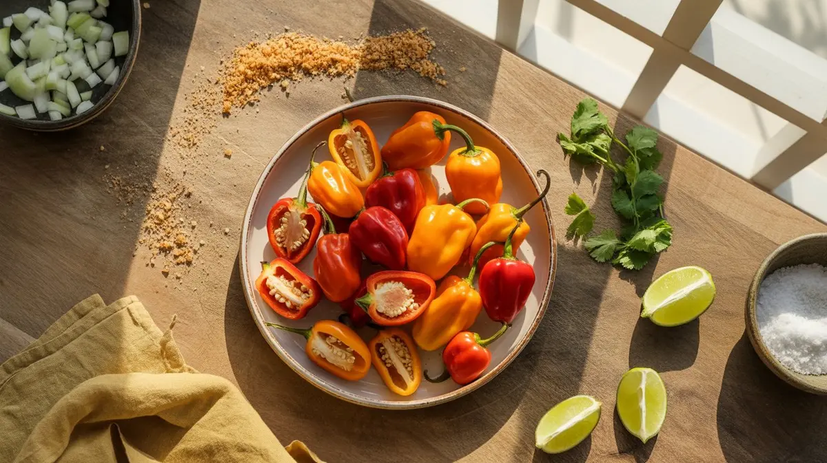 Fresh Habanero peppers showing color, shape and texture