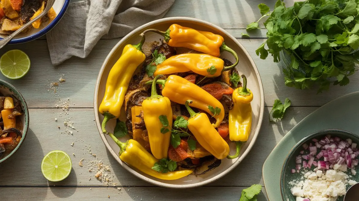 Fresh Hungarian Wax peppers showing color, shape and texture