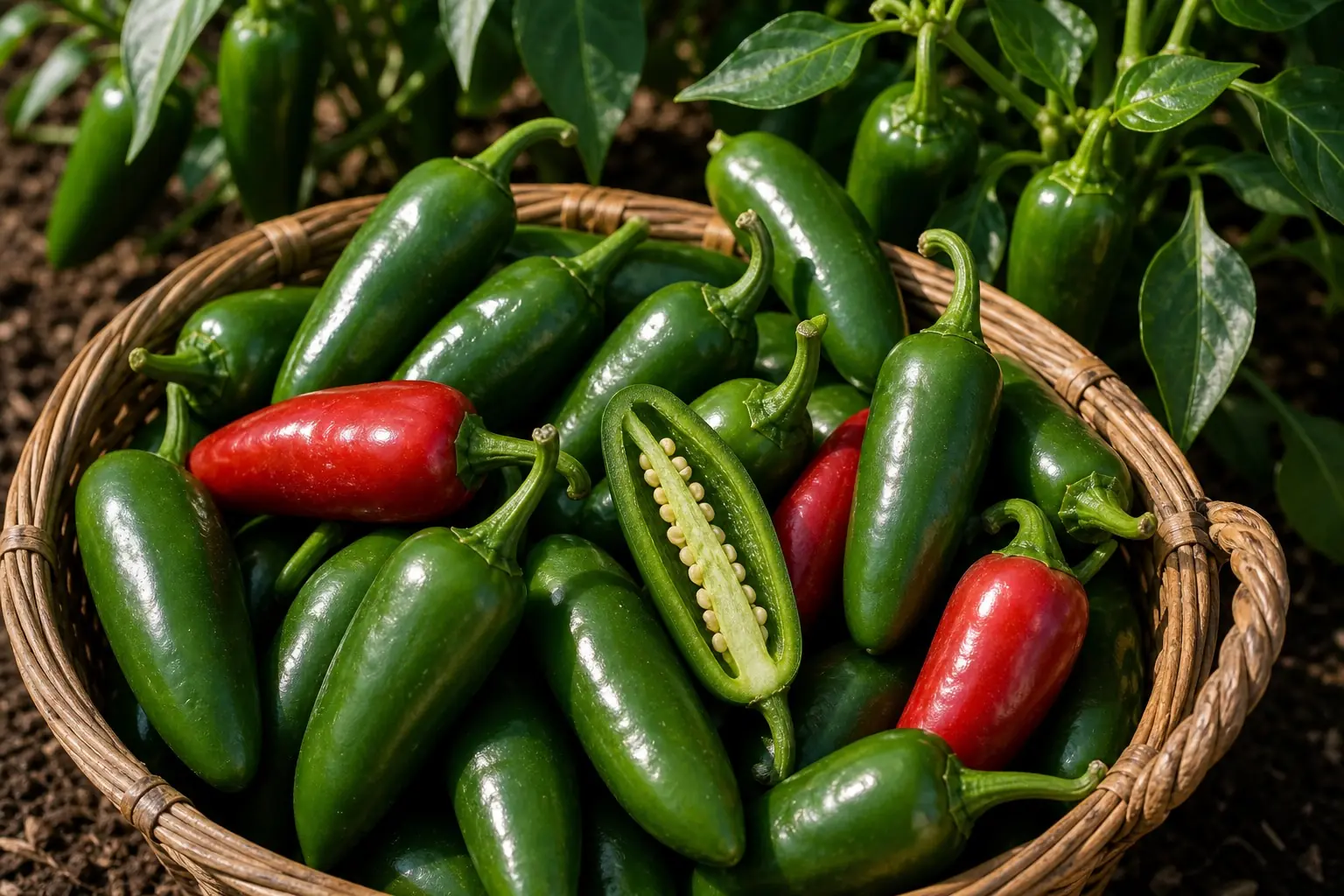 Jalafuego peppers in a harvest basket with one sliced pod showing thick walls and seeds