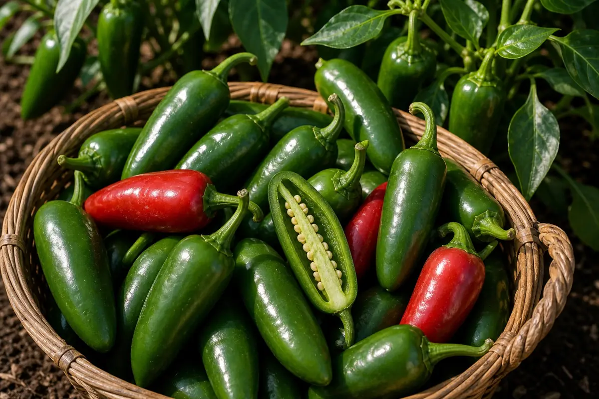 Jalafuego peppers in a harvest basket with one sliced pod showing thick walls and seeds