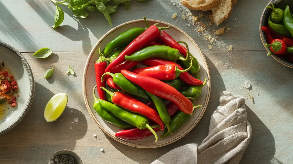 Fresh Jimmy Nardello peppers showing color, shape and texture