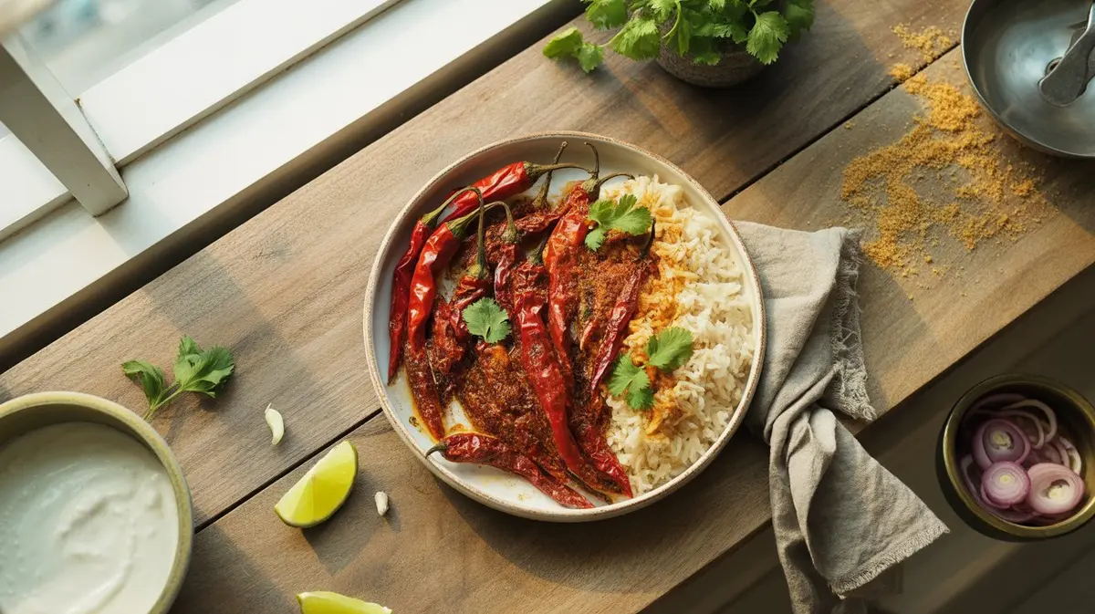 Fresh Kashmiri Chili peppers showing color, shape and texture