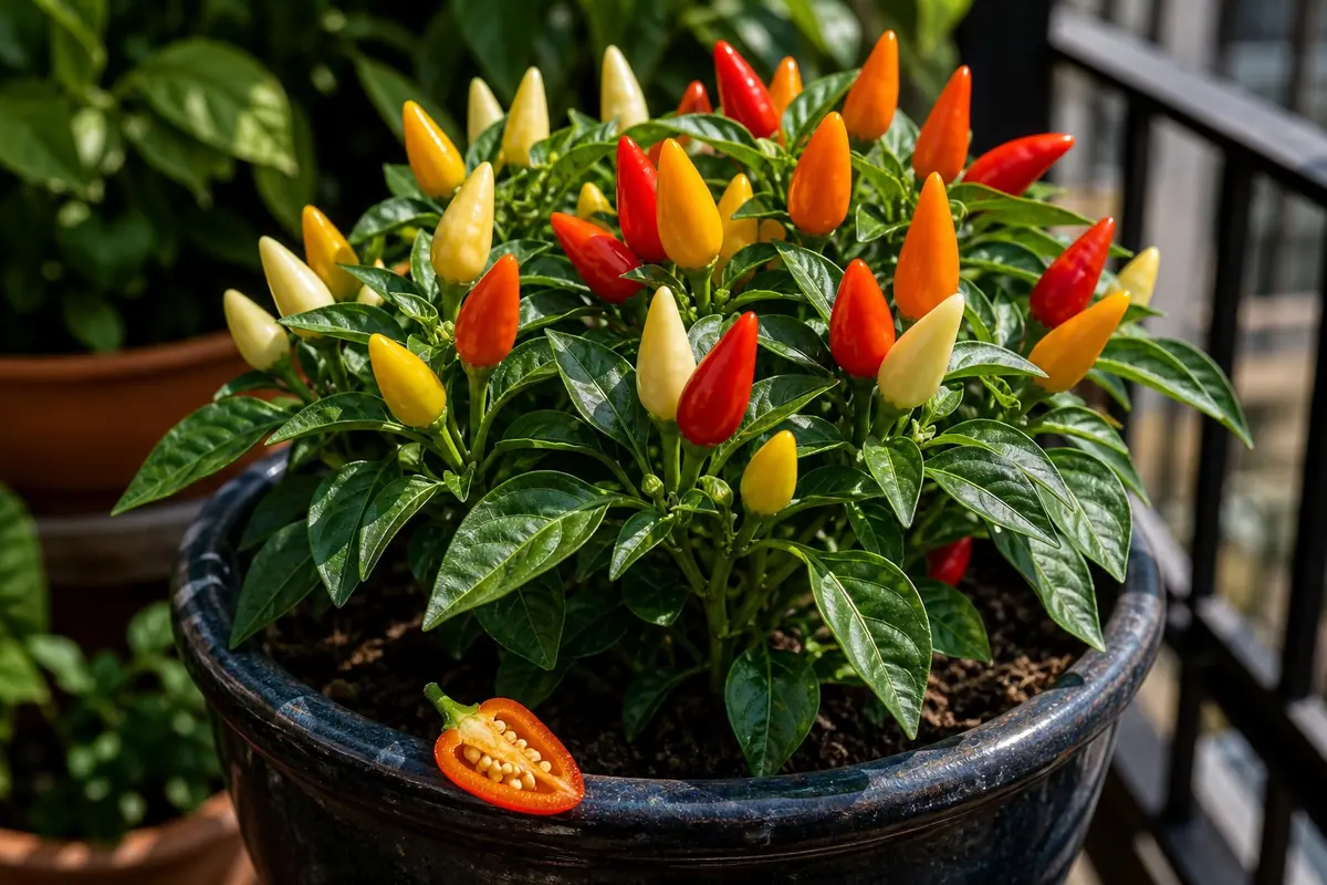 Little Elf ornamental peppers in multiple colors on a potted plant with one cut pod