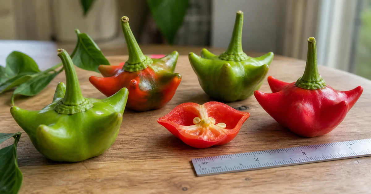 Mad Hatter peppers with crown-shaped pods and a ruler for scale