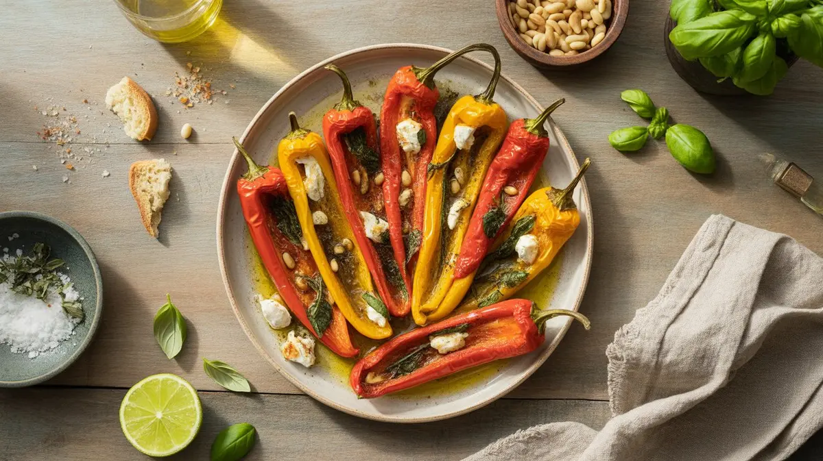 Fresh Marconi Pepper peppers showing color, shape and texture