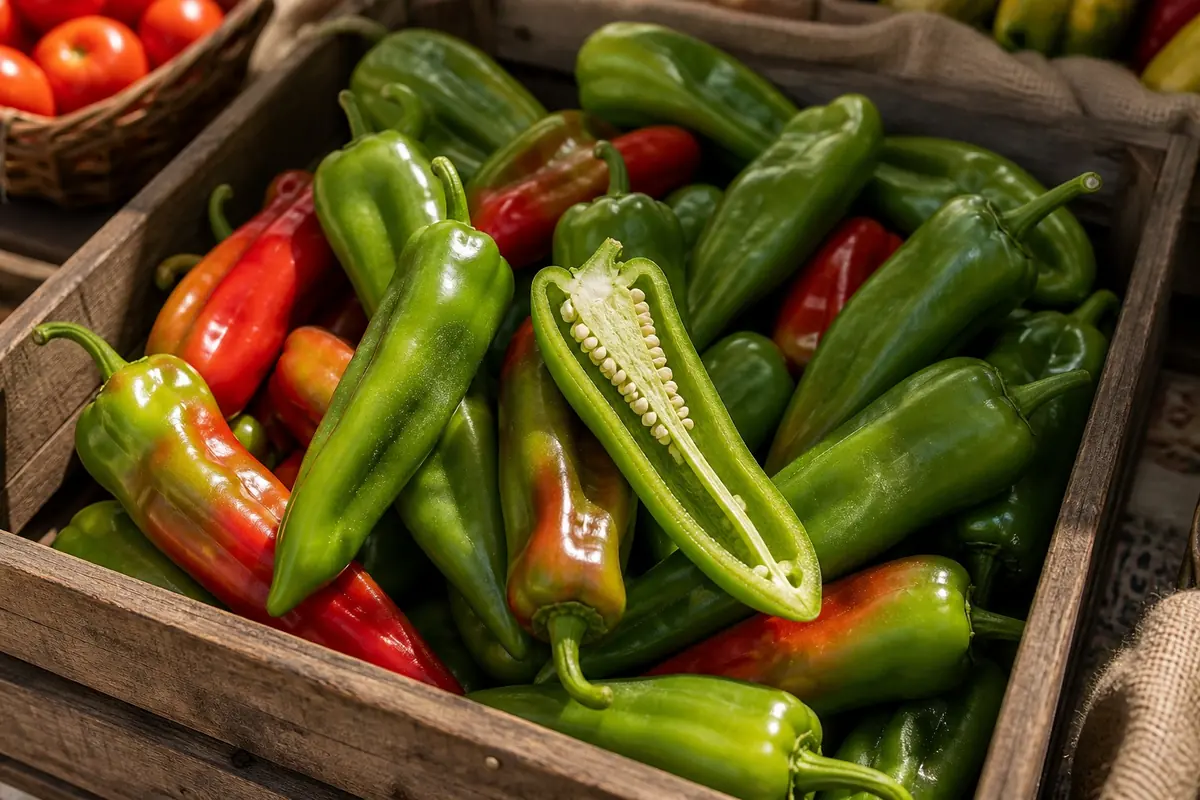 Melrose sweet peppers in a wooden crate with one sliced pepper showing thick flesh