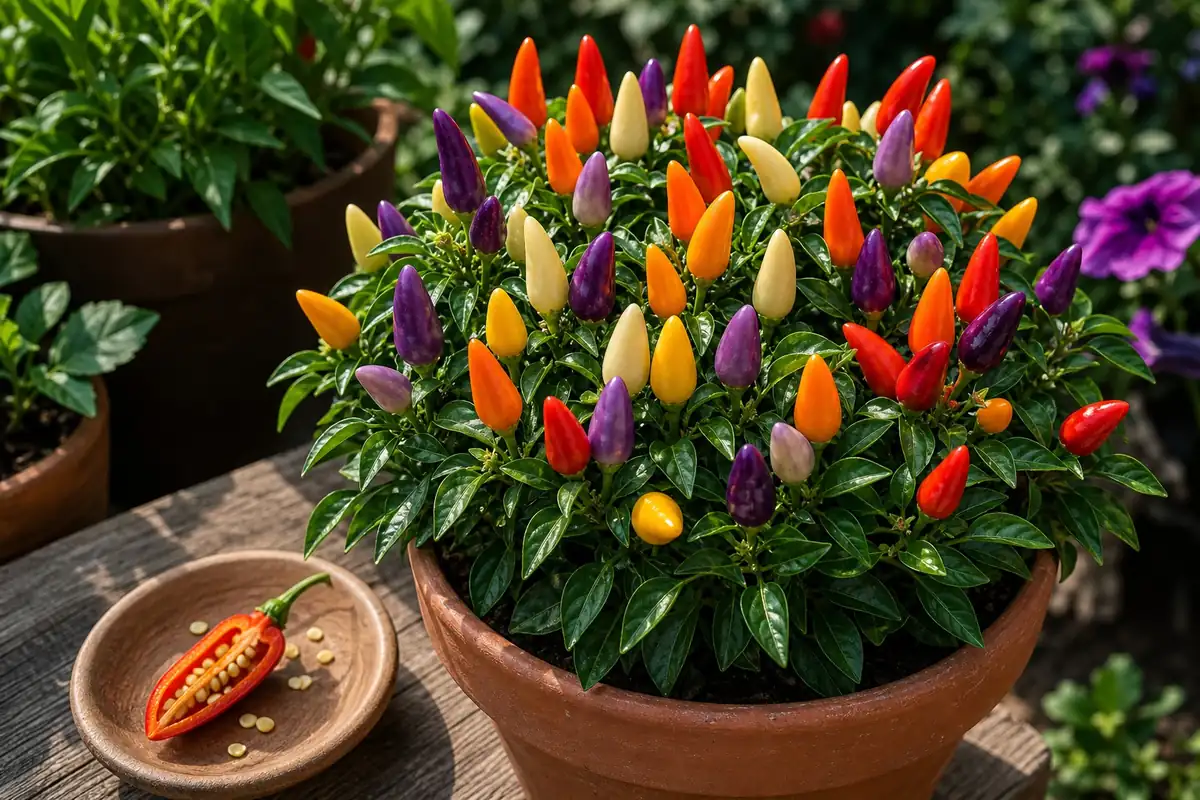 Numex Centennial ornamental pepper plant with multicolor upright pods and one cut pepper