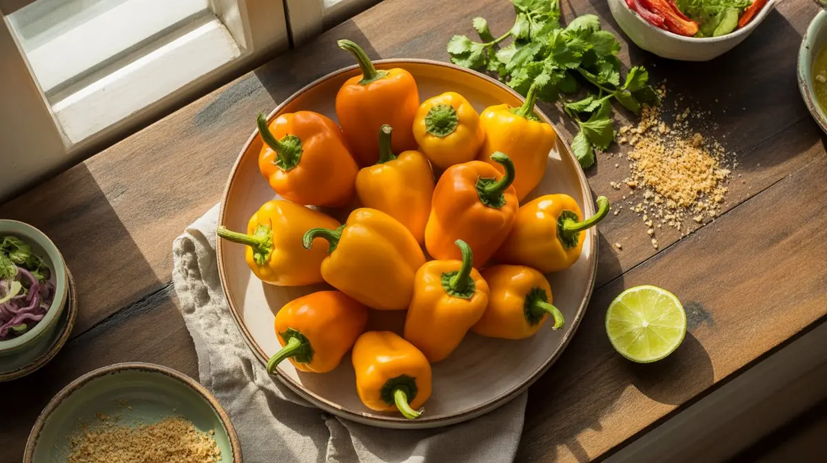 Fresh NuMex Suave Orange peppers showing color, shape and texture