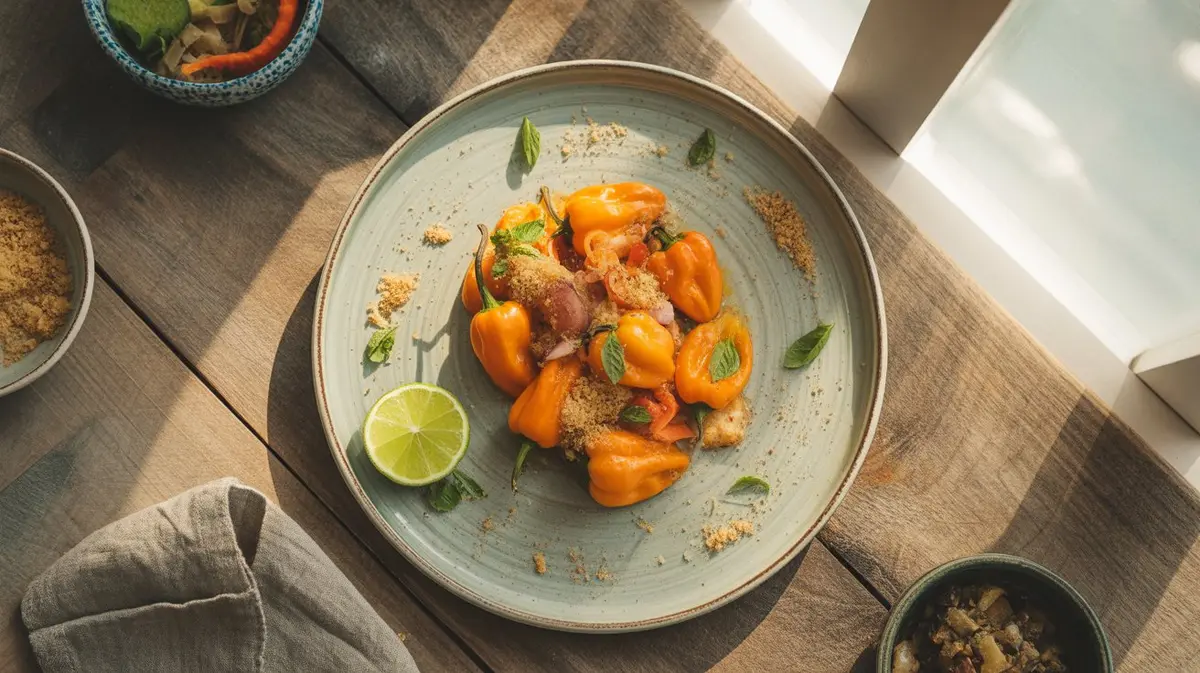 Fresh Orange Habanero peppers showing color, shape and texture