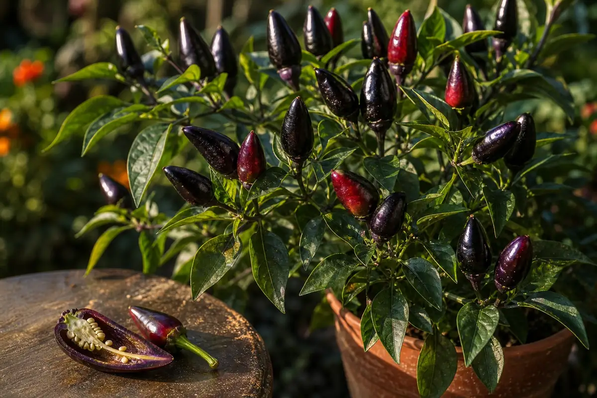 Pimenta de Neyde peppers with glossy dark purple pods and one sliced pepper on a garden table