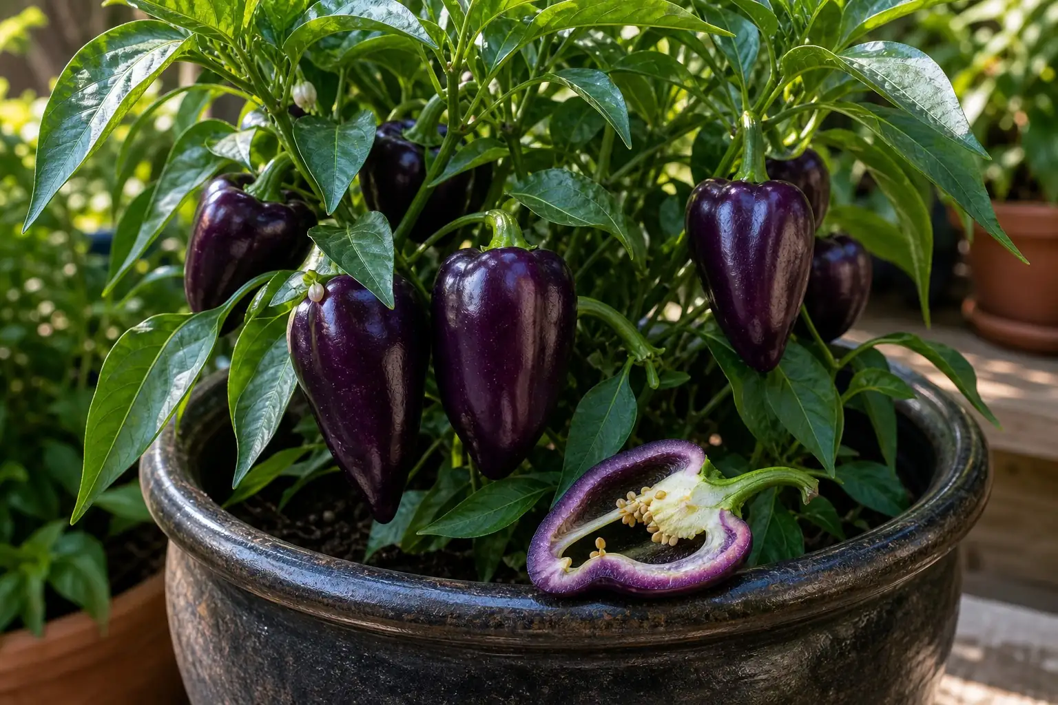 Pretty in Purple pepper plant with glossy purple pods and one sliced pepper