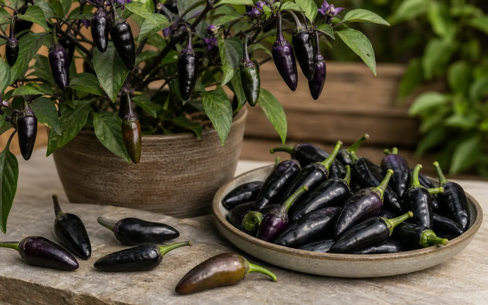 Royal Black peppers shown in dark purple-black stages on the plant and harvested on a tray
