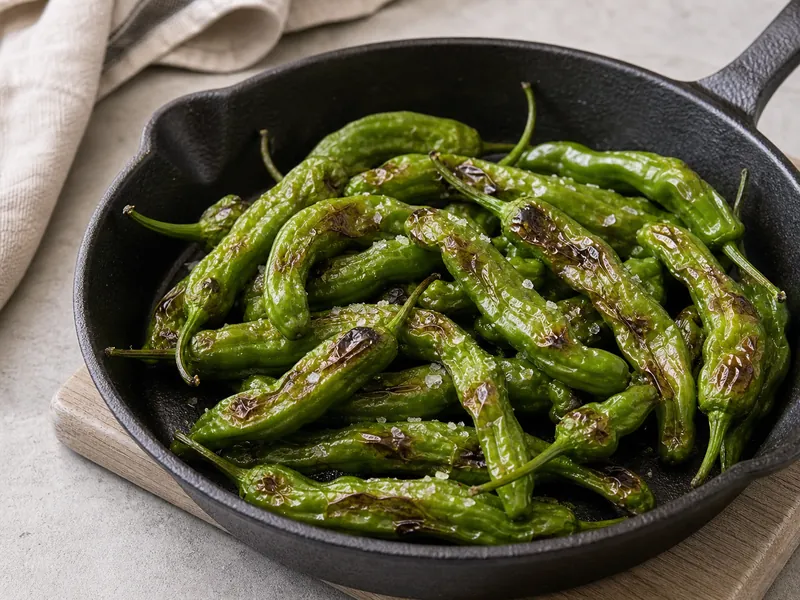 Blistered green shishito peppers in a cast iron skillet, charred in spots and scattered with flaky salt