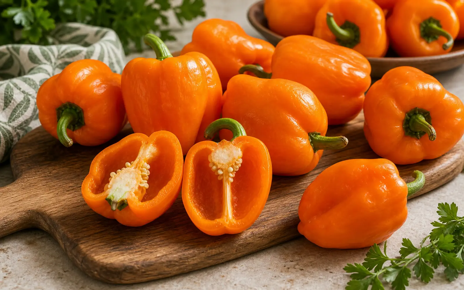 Tangerine Dream peppers shown whole and cut open to reveal thick orange walls and seeds