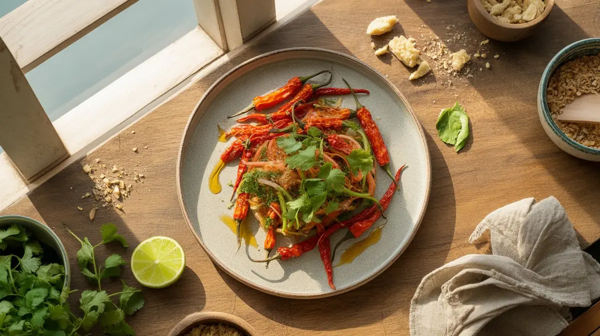 Fresh Thai Dragon peppers showing color, shape and texture