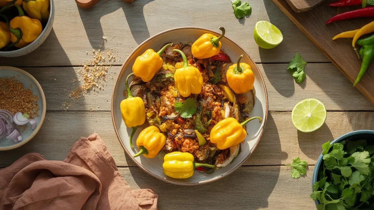Fresh Yellow Scotch Bonnet peppers showing color, shape and texture
