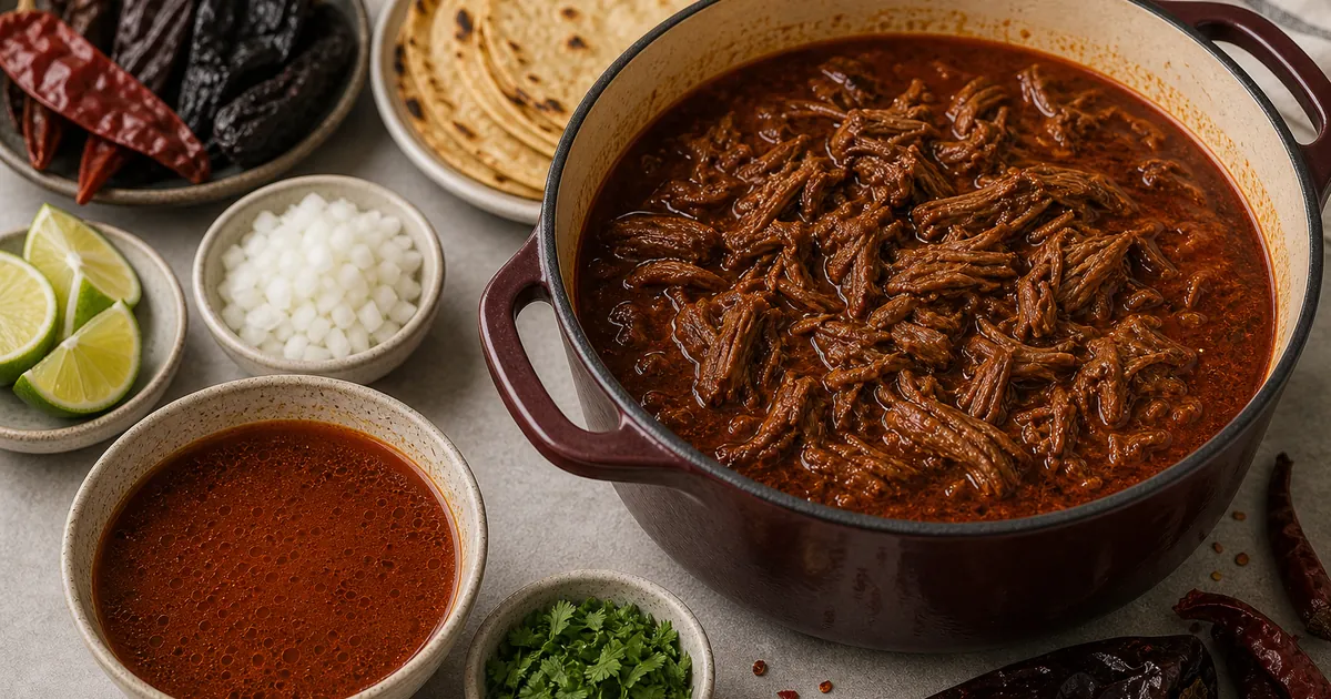 Shredded beef birria in red consomme with tortillas, onion, cilantro, lime, and dried chiles