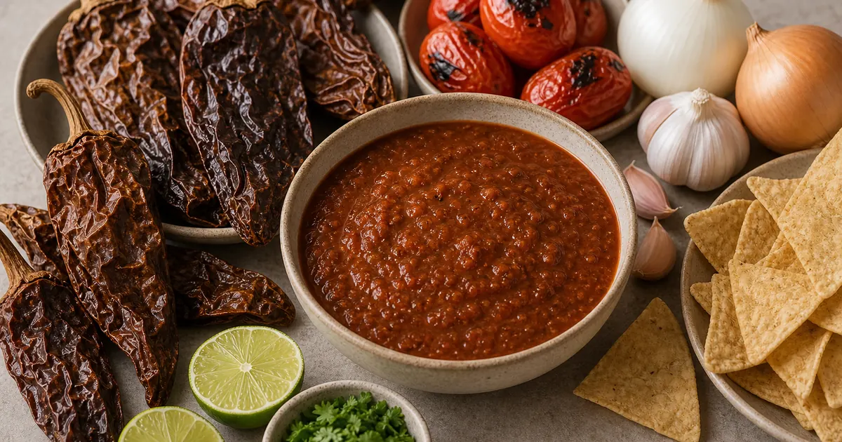 Chipotle meco salsa with tan dried meco chiles, roasted tomatoes, onion, garlic, lime, cilantro, and chips