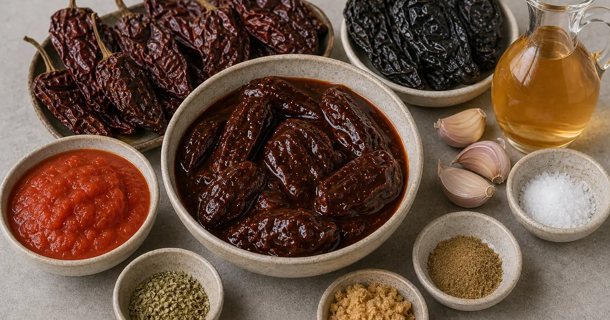 Whole chipotle peppers in adobo sauce with ancho chiles, tomato puree, vinegar, garlic, brown sugar, and spices