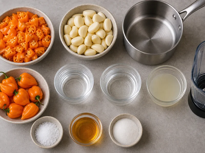 Garlic Habanero Hot Sauce preparation and ingredients