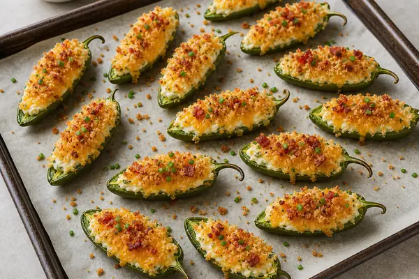 Baked jalapeno poppers with cream cheese, cheddar, panko, and chives on a parchment-lined tray