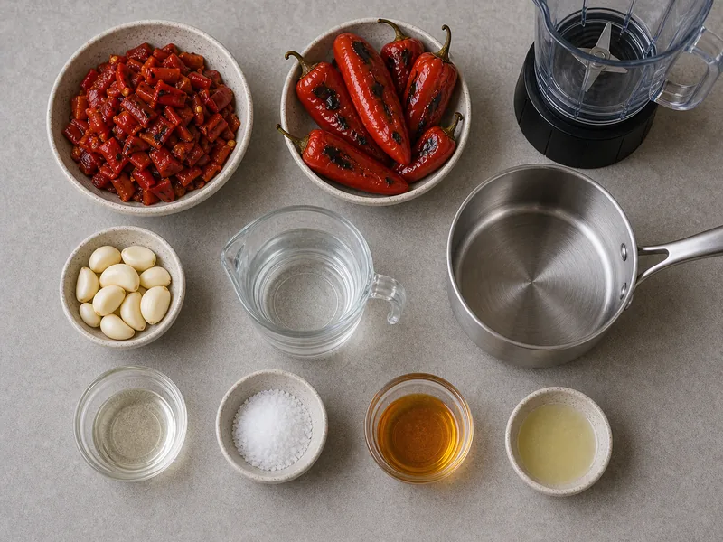Roasted Red Jalapeno Pepper Hot Sauce preparation and ingredients