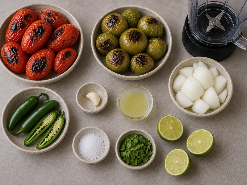 Roasted Tomato Tomatillo Salsa preparation and ingredients