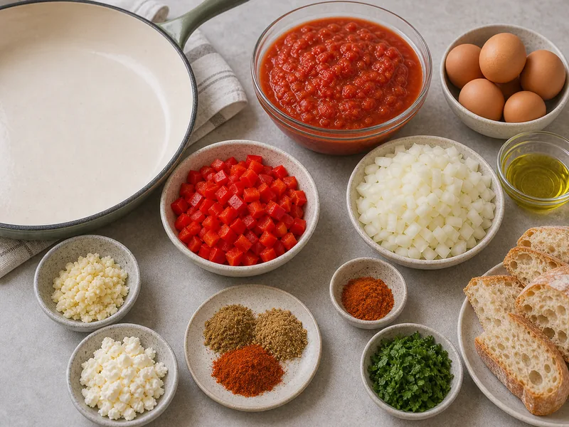 Shakshuka Recipe (Eggs in Spicy Tomato Sauce) preparation and ingredients