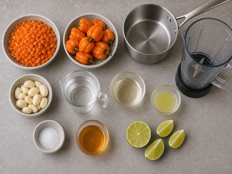 Simple Habanero Hot Sauce preparation and ingredients