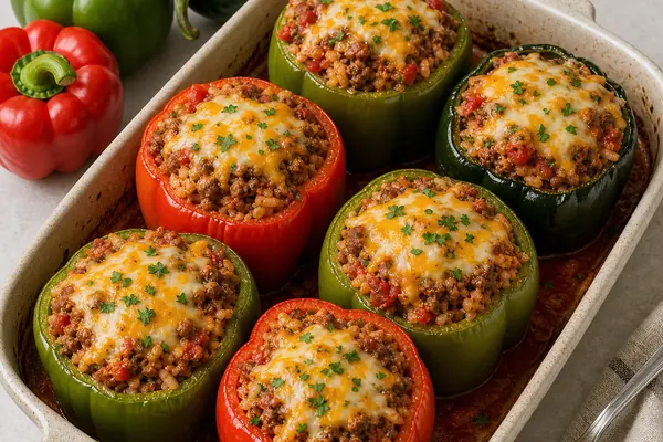 Baked stuffed bell peppers and poblano filled with rice, beef, tomato, and melted cheese