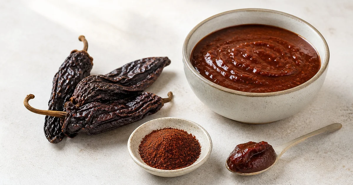 Dried chipotle peppers beside a bowl of smoky red adobo-style sauce and chipotle powder