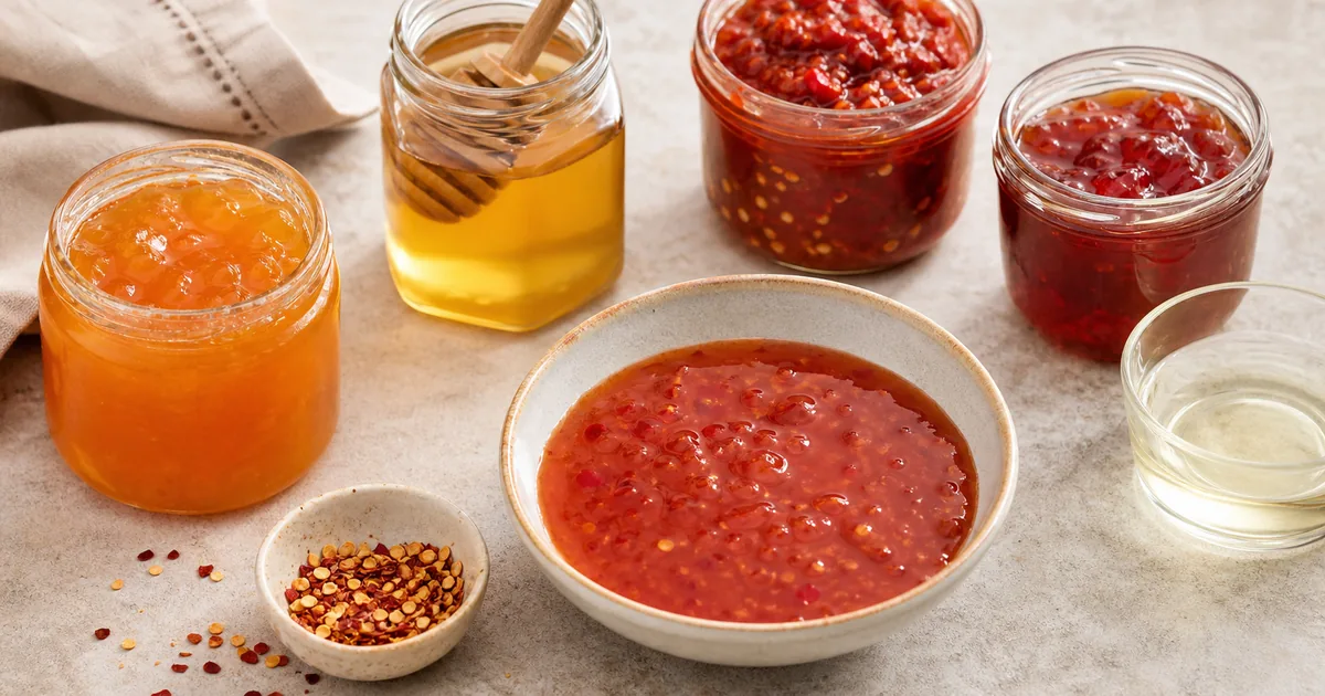 Sweet chili sauce substitutes including jam, honey, chili garlic sauce, pepper jelly, and vinegar
